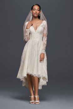 Fashion High-low Long Sleeve Lace Bride Dress with Plunging V Neckline Style CWG770