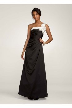 One Shoulder Satin Ballgown with Fan Detail Style F14430Black/Ivory