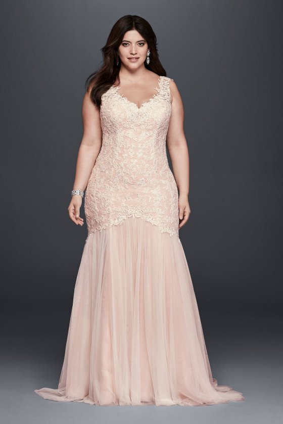 Plus Size Long Trumpt Tulle and Lace Wedding Gown Style 9SWG723