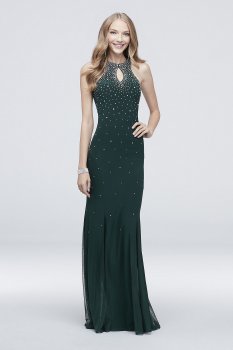Long Sheath Keyhole Neckline Jersey Prom Dress with Crystal Embellishment 21618D