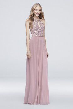 High-Neck Sequin and Mesh Gown with Keyhole DS270021