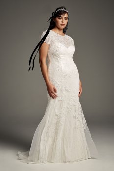 Plus Size White Short Sleeves Long Mermaid Lace Bridal Dress 8VW351312
