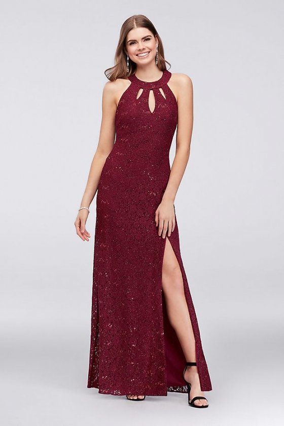 Sequin Lace Halter Sheath Gown with Triple Keyhole 12404