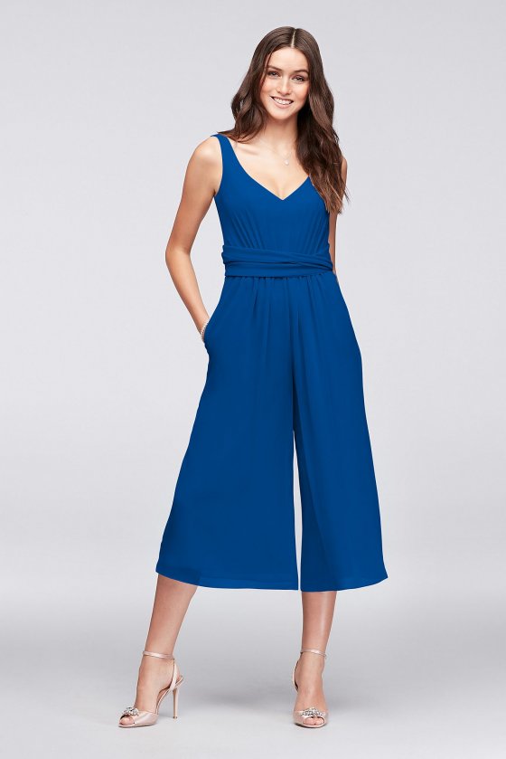 New Style Tank V-neck F19741 Style Tie-back Crinkle Chiffon Bridesmaid Jumpsuit