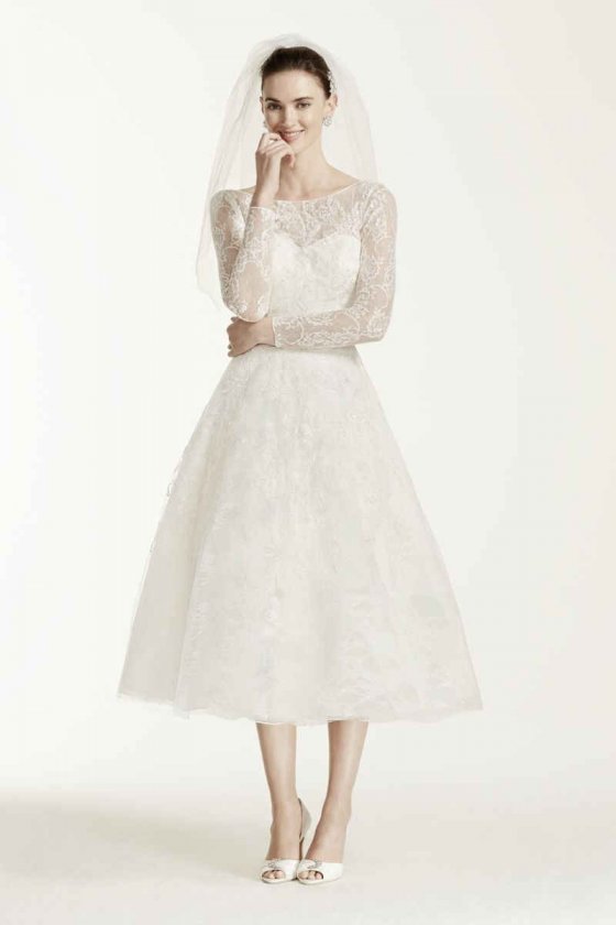 Extra Length Long Sleeved Tea Length Wedding Dress Style 4XLCWG663