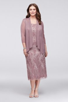 Plus Size Lace Appliqued Midi Dress with Chiffon Jacket Style 9660W
