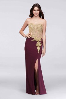 Sexy Strapless Sweetheart Neckline Long Lace Appliqued 57259 Corset-Style Jersey Dress