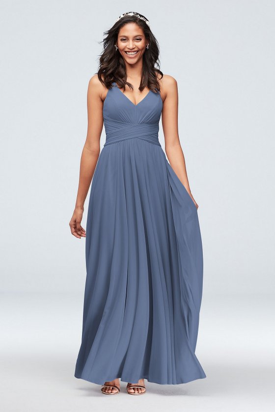 New Delicate Pleated Waist Mesh Bridesmaid Gown with Spaghetti Strap F20052
