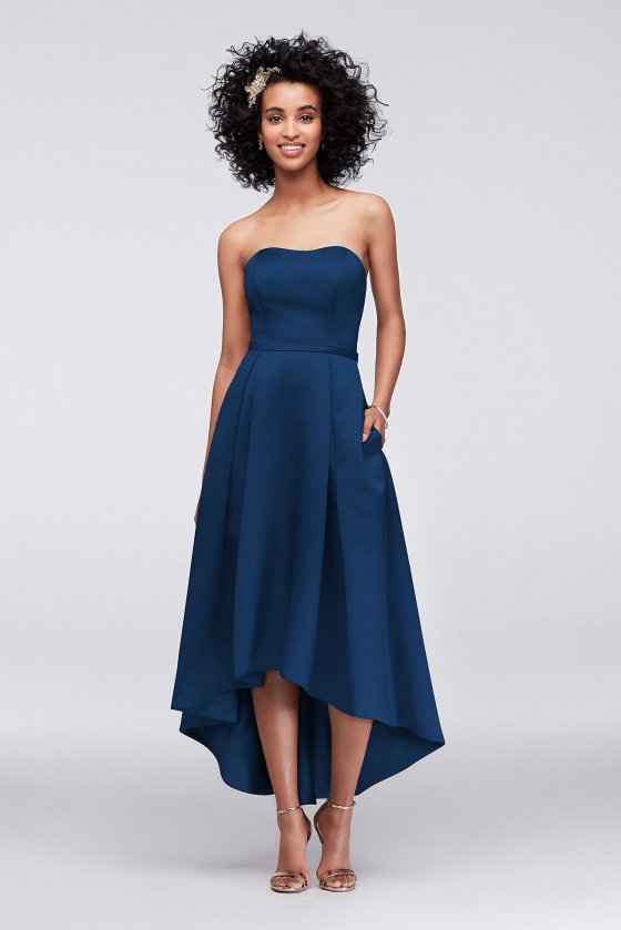 Strapless High Low F19623 Style Satin Bridesmaid Dress with Pockets