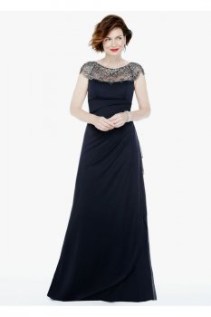 Cap Sleeve Jersey Dress with Illusion Neckline Style XS5733