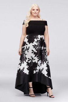 Off-the-Shoulder Ball Gown with Floral Print Skirt 21625W