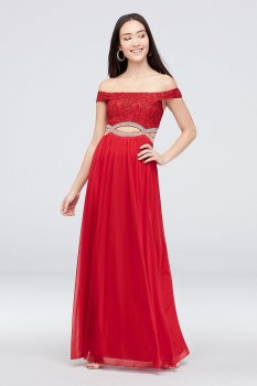 Off the Shoulder Lace Gown with Crystal Cutouts X40891DH664