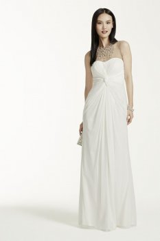 Long Mesh Dress with Illusion Beaded Neckline Style 062891640