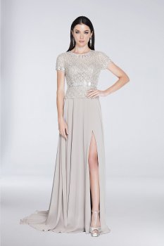 Jewel-Encrusted Short Sleeve Chiffon A-Line Gown 1813M6702