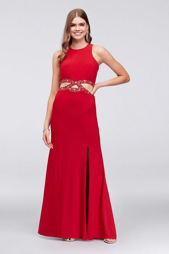 High-Neck Jersey Sheath with Cutouts and Beading 12468