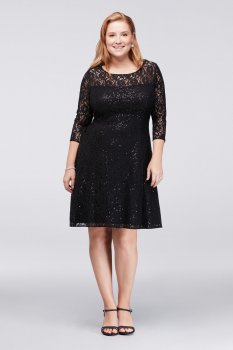 Plus Size 3/4 Sleeves Above Knee Length Sequined Lace 612145 Dress