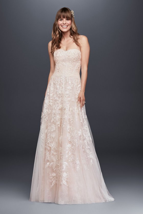 Petite Strapless Floor Length Lace Appliqued Aline Dress for Brides 7MS251174