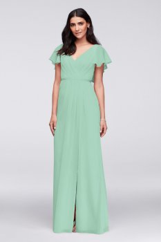 Flowy Flucter Sleeve Long A-line W11446 Style Crinkle Chiffon Dress for Bridesmaids