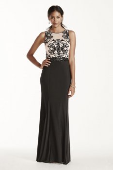 Flocked Tank Bodice Jersey Dress with Beaded Sash Style A16057