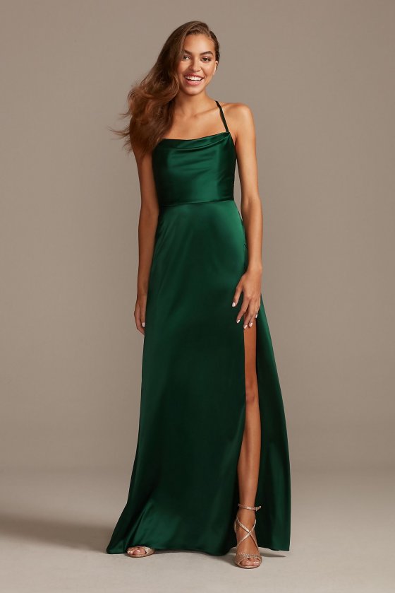 Shiny Charmeuse Cowl Neck Slip Dress with Slit DS270091