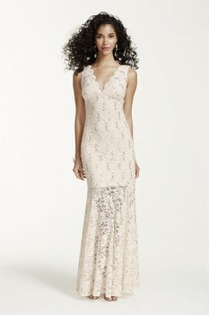 Long V Neck Stretch Lace and Sequin Dress Style 21254