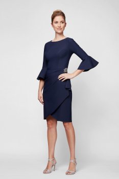 3/4-Sleeve Smoothing Knit Mock Wrap Cocktail Dress 134183
