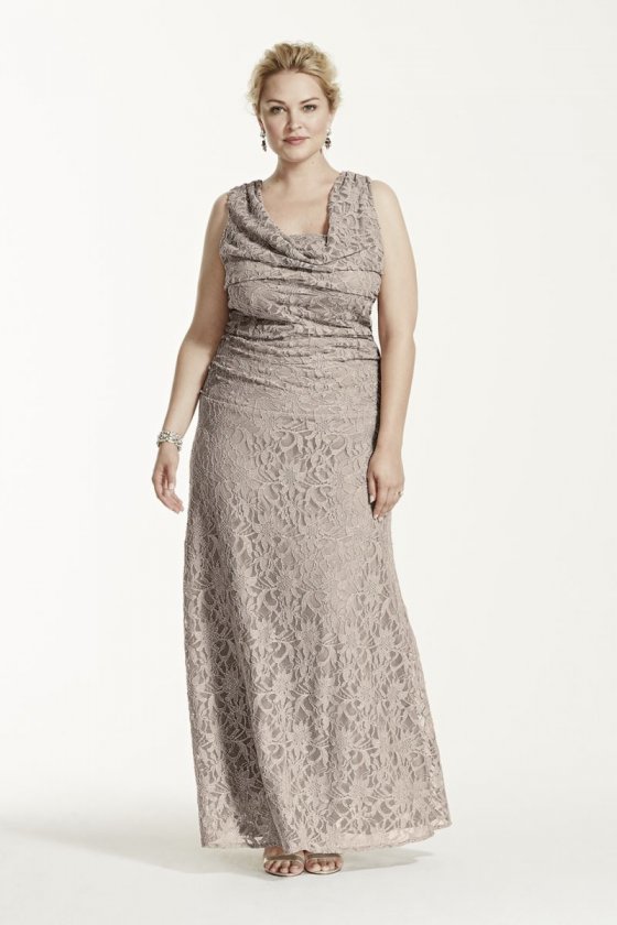 Glitter Lace Long Cowl Neck Dress Style 21256W