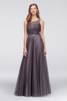 Tank VCE141 Style Long A-line Jeweled Tulle Gown with Pleated Skirt
