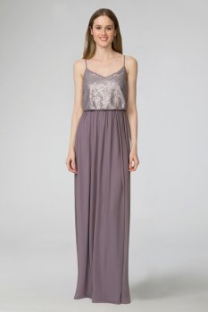Newest Coming Long A-line W2444MDB Paige V-Neck Shinning Sequin and Chiffon Bridesmaid Gowns with Spaghetti Straps