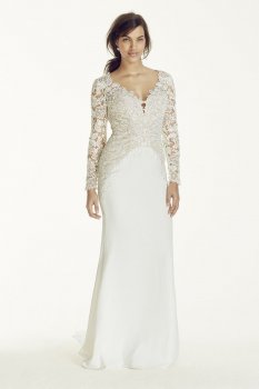 Long Sleeve Beaded Lace Plunge Neckline Gown Style 7SWG695