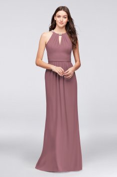 Long A-line Beaded Neckline F19672 Style Hater Neck Crepe Bridesmaid Dress