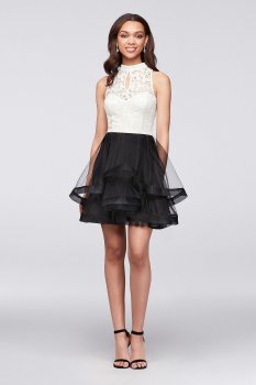 High-Neck Keyhole Lace and Tiered Mesh Prom Party Dress X36061DH650