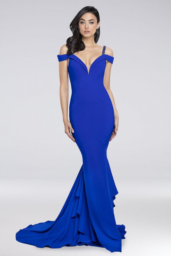 Beaded Strap Plunging Off-the-Shoulder Gown 1723E4264