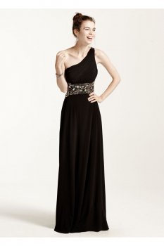 Long One Shoulder Jersey Dress with Beaded Waist Style 54620
