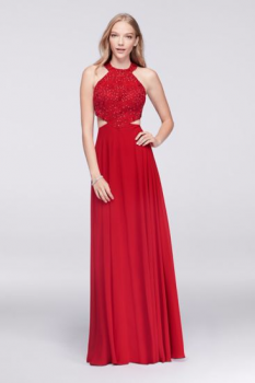 A18807 Long Crystal Beaded Halter Bodice Dress for Prom Party with Cutout