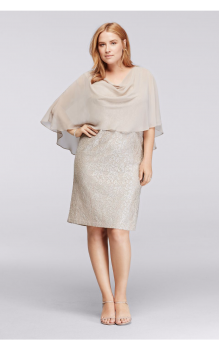 New Coming JHDW8463 Champagne Shimmer Lace Plus Size Dress with Capelet By Jessica Howard