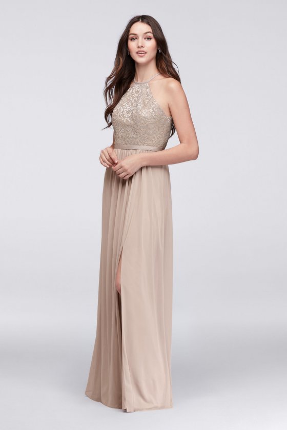 High Neck Metallic Lace and Mesh 4XLF19608M Style Bridesmaid Dress