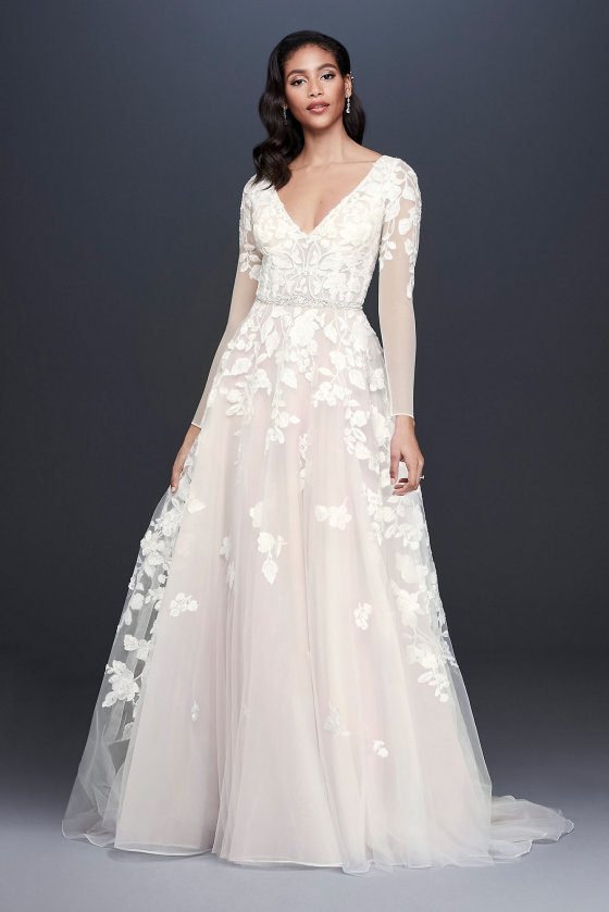 Illusion Sleeve Plunging Ball Gown Wedding Dress SWG820