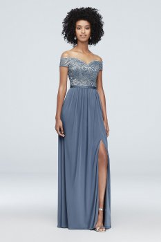 Off the Shoulder Long Metallic Mesh and Lace Dress F19950M