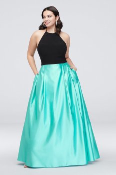 Plus Size Halter Gown with Satin Skirt and Pockets 1268BNW