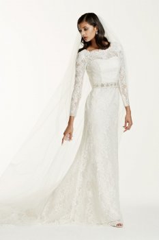 Petite Lace Long Sleeve Sheath Gown with Beading Style 7SWG685