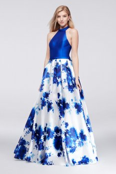 Charming Floral Printed Long A-line Halter Neck 1736 Style Prom Dresses