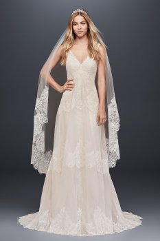 Banded Eyelash Lace Appliqued MS251189 Style Layered Wedding Dress with V Neckline