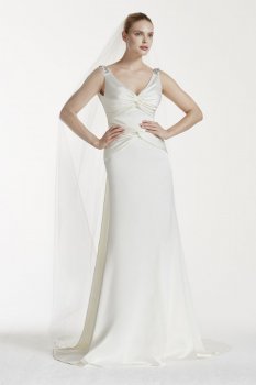 Extra Length Ruched V-Neck Satin Wedding Dress Style 4XLZP341556
