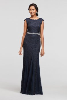Long Lace Dress with Godets and Beaded Waist Style A17203