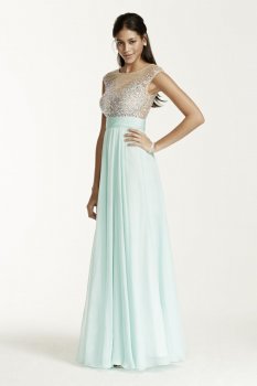 Cap Sleeve Illusion Beaded Bodice Dress Style 1112