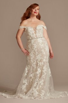 Embellished Lace Swag Sleeve Plus Wedding Dress Galina Signature 9LSSWG899