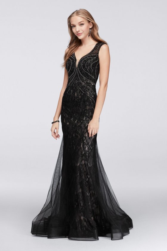 New Style VC150848B Beaded Long Trumpt Cap Sleeve Prom Dresses