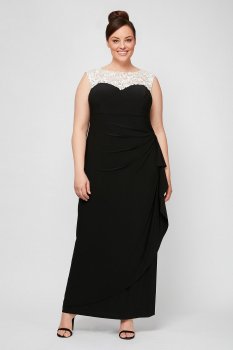 Long Sleeveless Matte Jersey Dress with Lace Neck Style 4351423