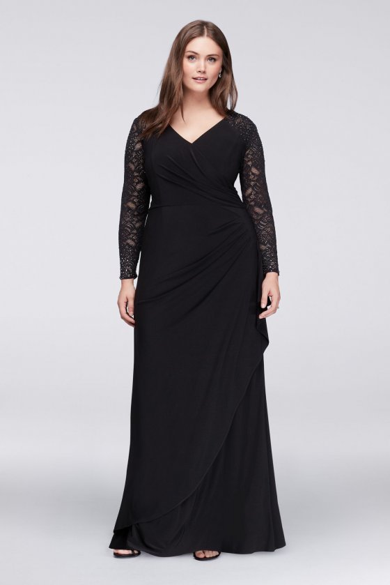 Unique Long Lace Sleeve Floor Length Jersey Plus Size Dress Style 4351341